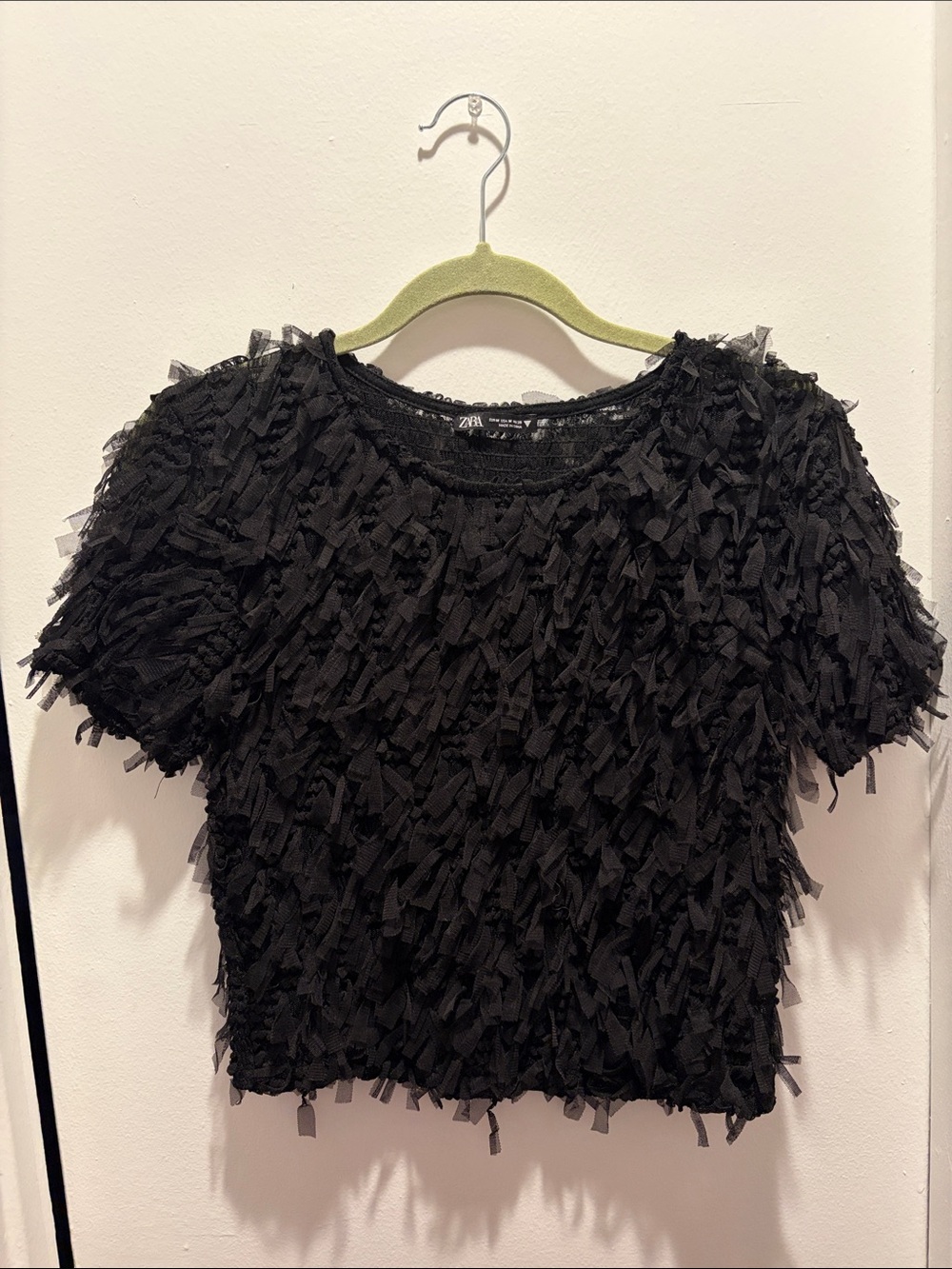 Zara Black Fringe-Textured Crop Top